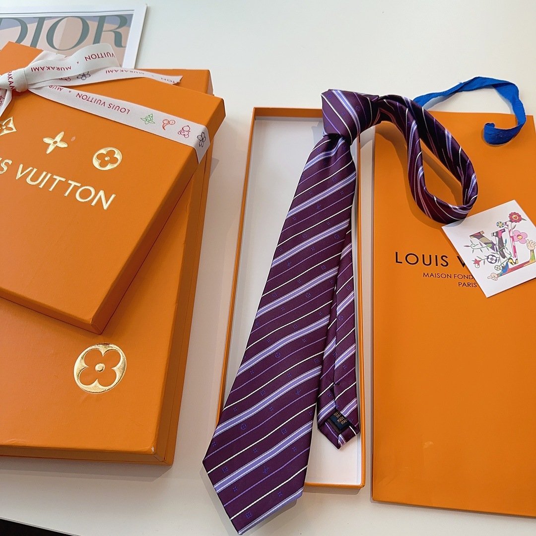 Louis Vuitton Purple Silk Tie with Monogram Stripe Detailing - 图片 7