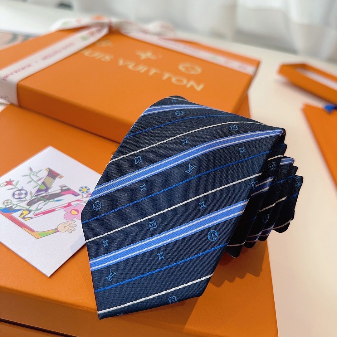 Louis Vuitton Dark Blue Silk Tie with Monogram Stripe Detail