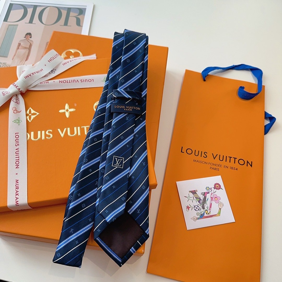 Louis Vuitton Dark Blue Silk Tie with Monogram Stripe Detail - 图片 2
