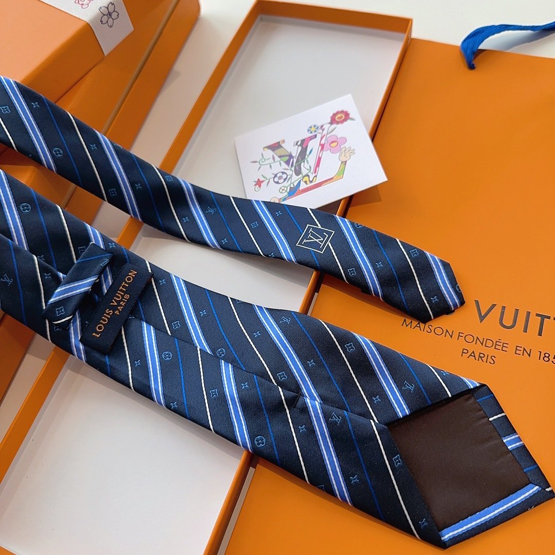 Louis Vuitton Dark Blue Silk Tie with Monogram Stripe Detail - 图片 3