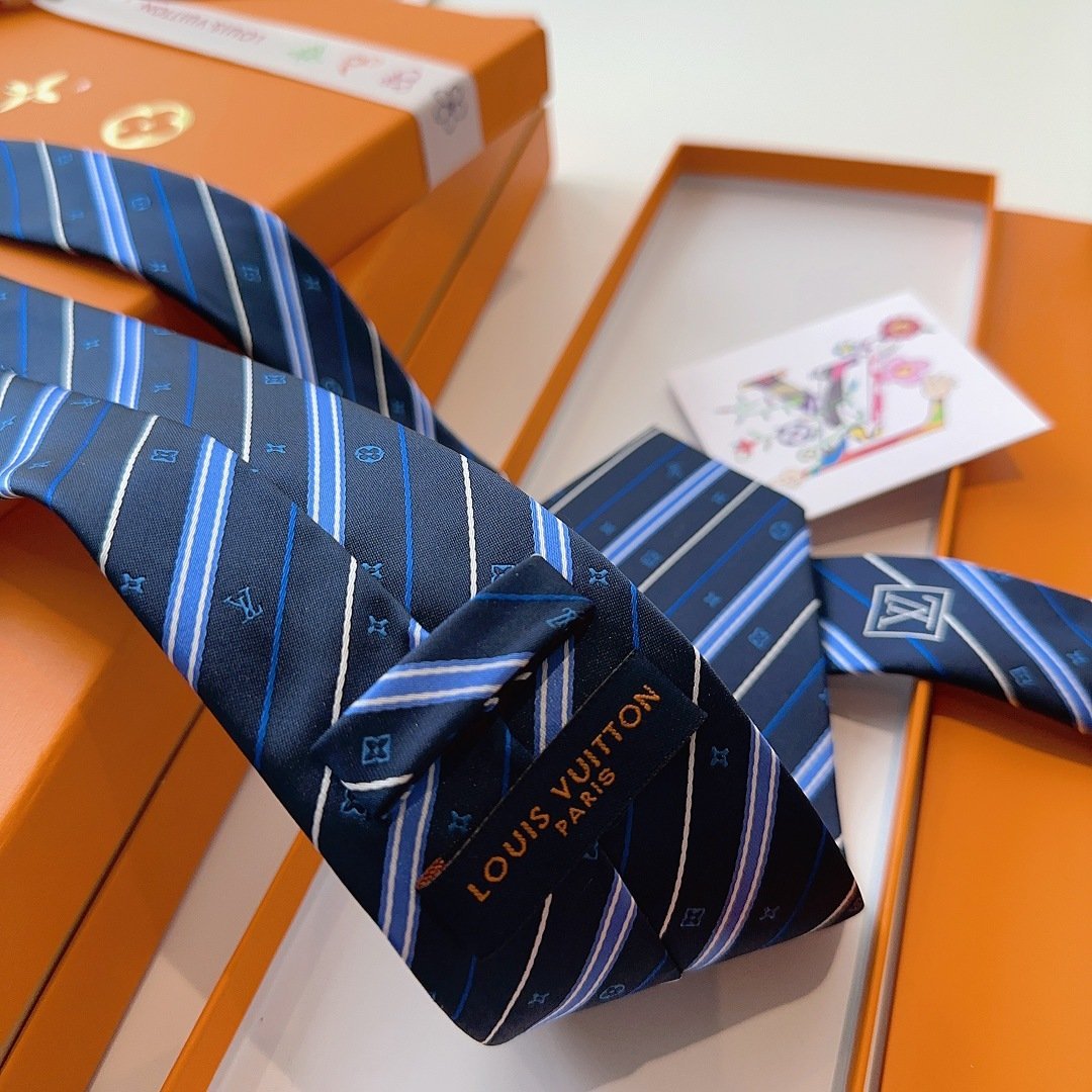 Louis Vuitton Dark Blue Silk Tie with Monogram Stripe Detail - 图片 4