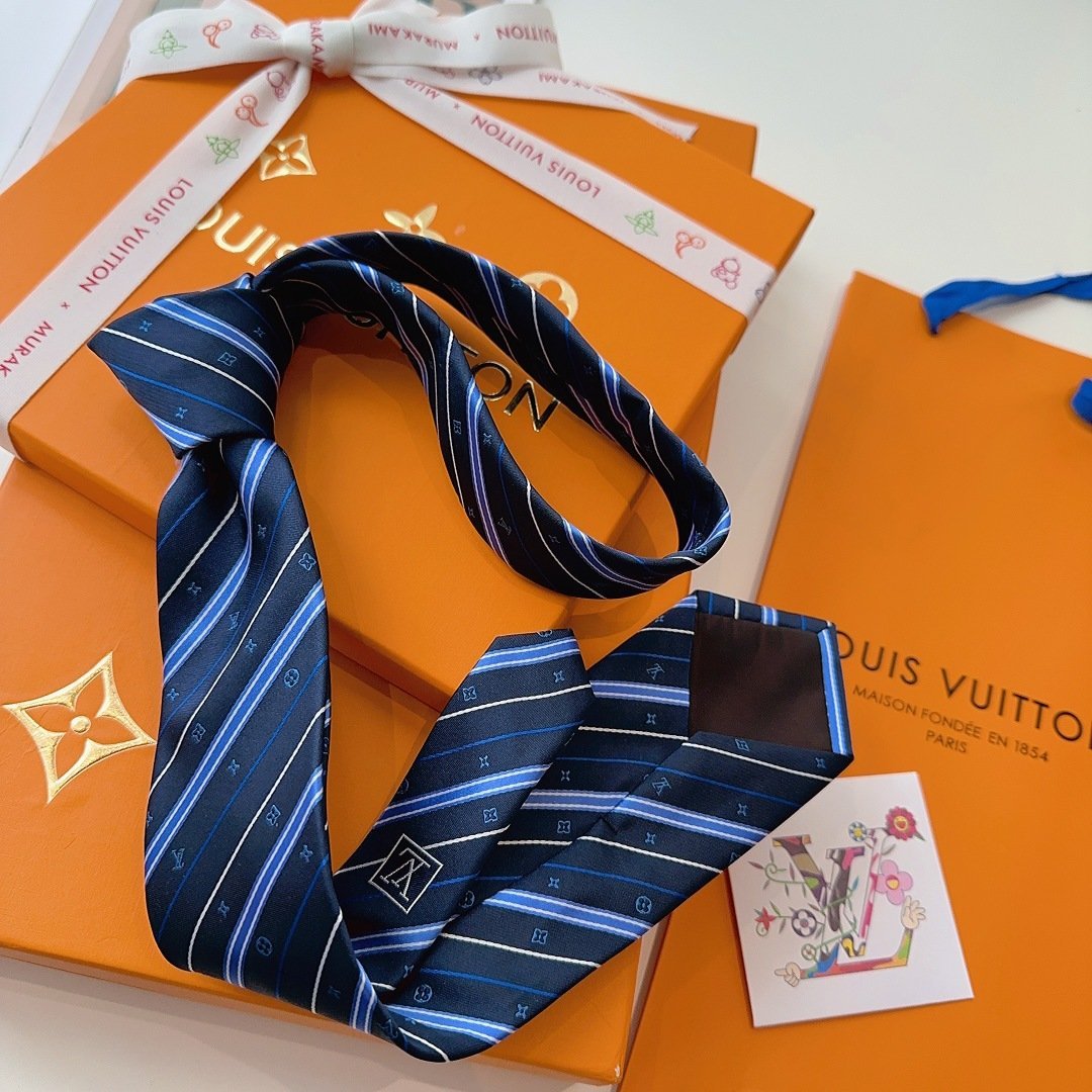 Louis Vuitton Dark Blue Silk Tie with Monogram Stripe Detail - 图片 6