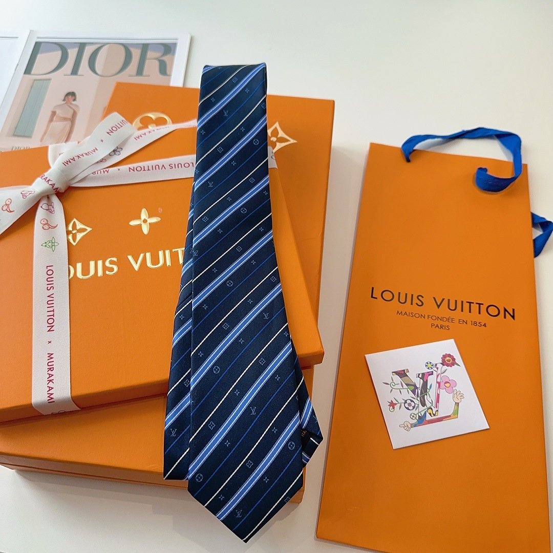 Louis Vuitton Dark Blue Silk Tie with Monogram Stripe Detail - 图片 8