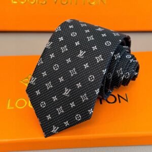 Louis Vuitton Black Silk Tie with Signature Monogram Pattern