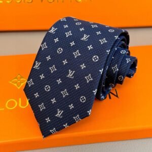 Louis Vuitton Navy Blue Silk Tie with White Monogram Jacquard Pattern