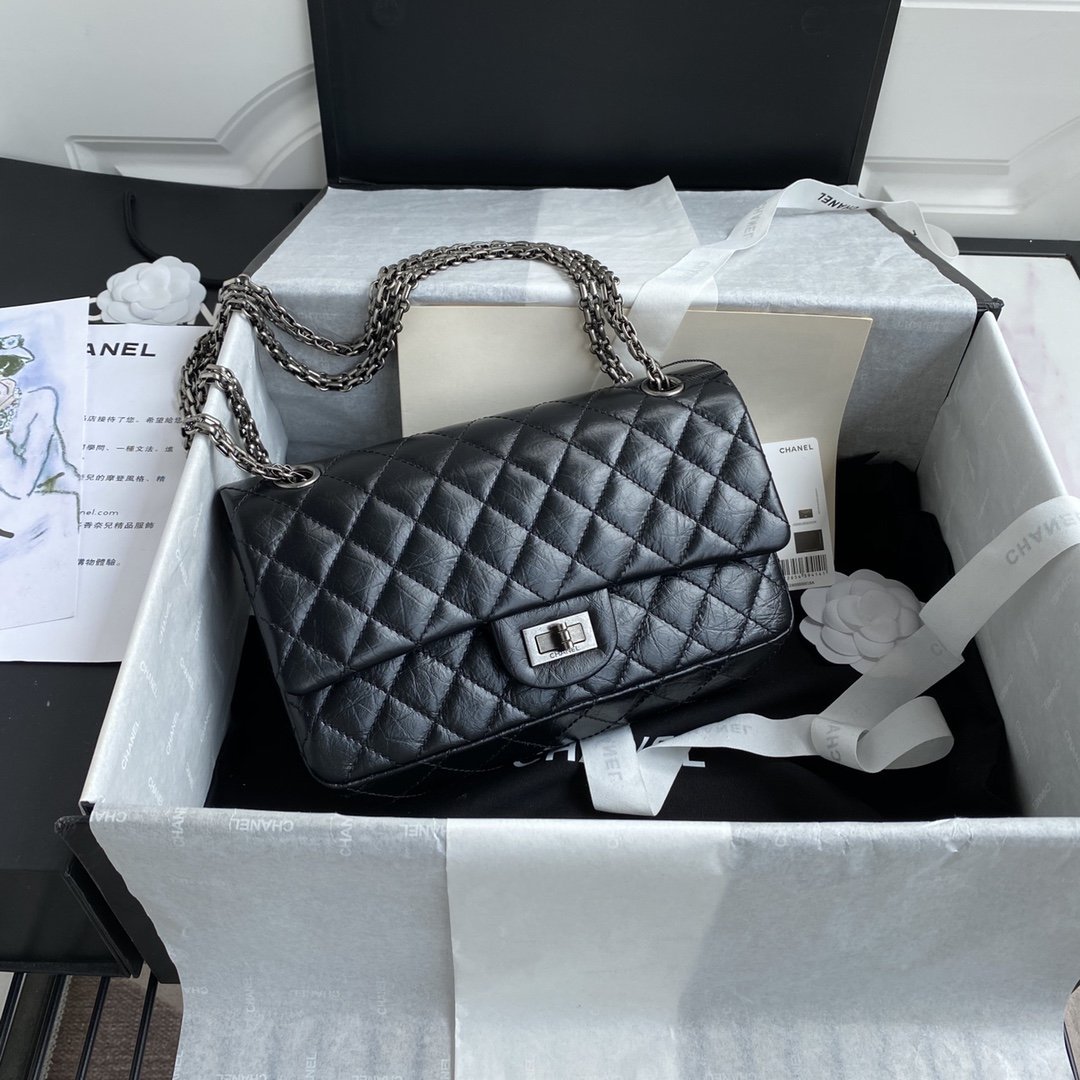 2.55 Reissue Collection Black Lambskin with Silver Hardware 26CM