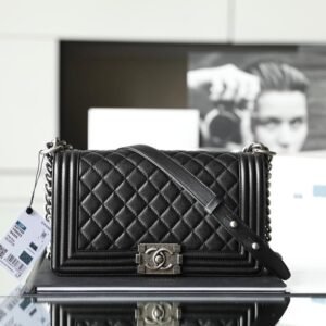 Upgraded LeBoy Black Caviar Flap Bag with Gunmetal Hardware – 25CM Chip Edition