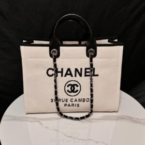 Deauville Tote Collection Ivory White & Black Canvas Combination 38CM