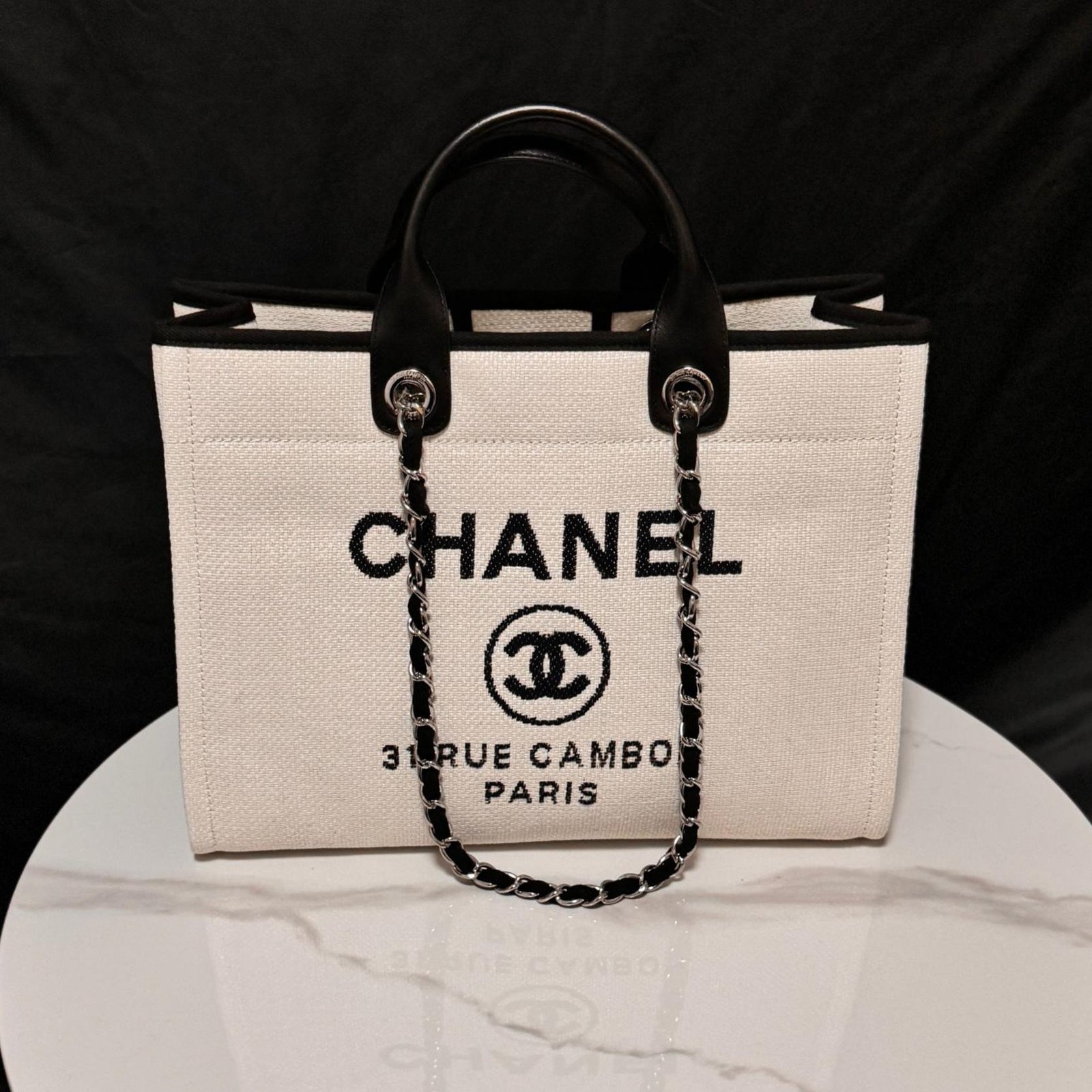 Deauville Tote Collection Ivory White & Black Canvas Combination 38CM