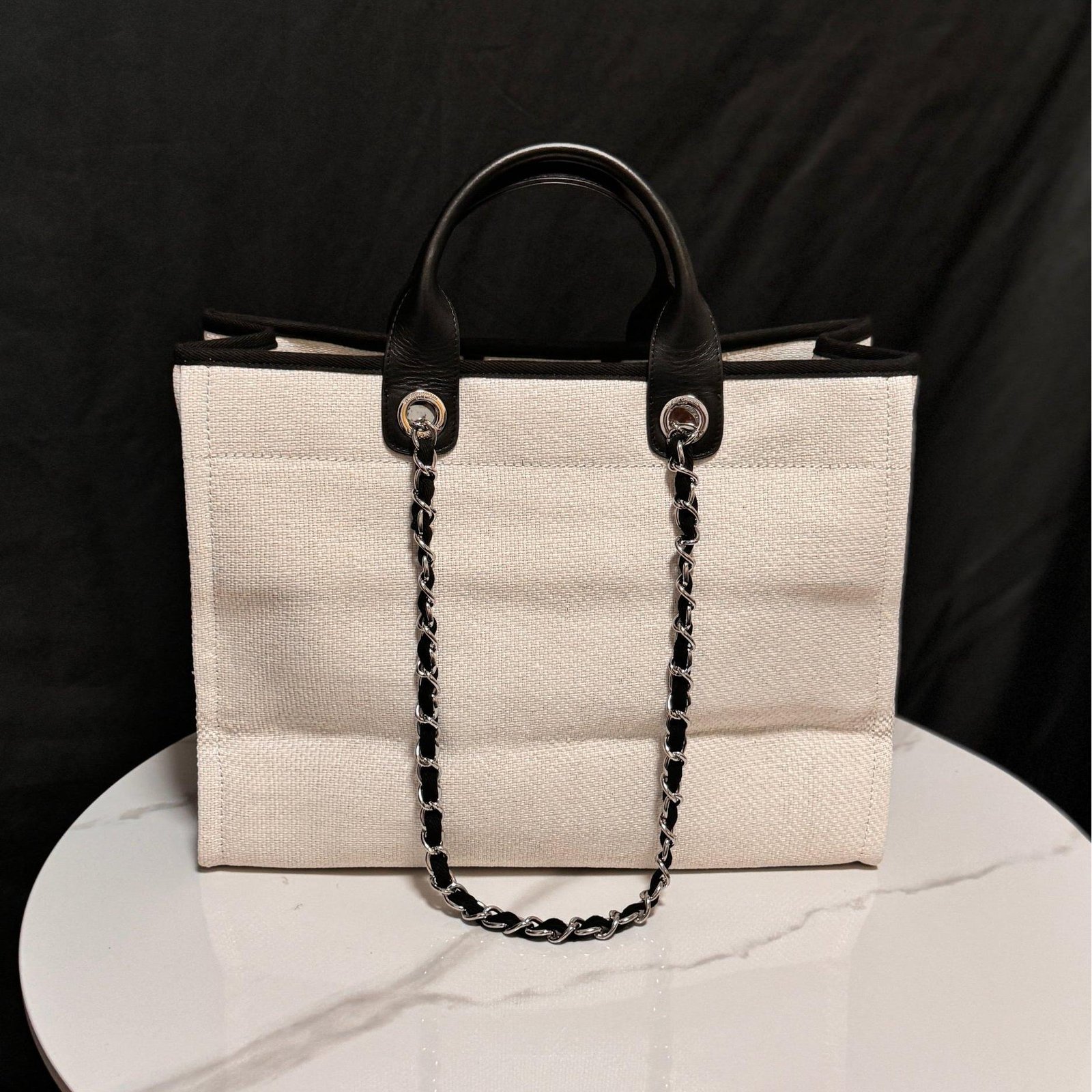 Deauville Tote Collection Ivory White & Black Canvas Combination 38CM - 图片 2