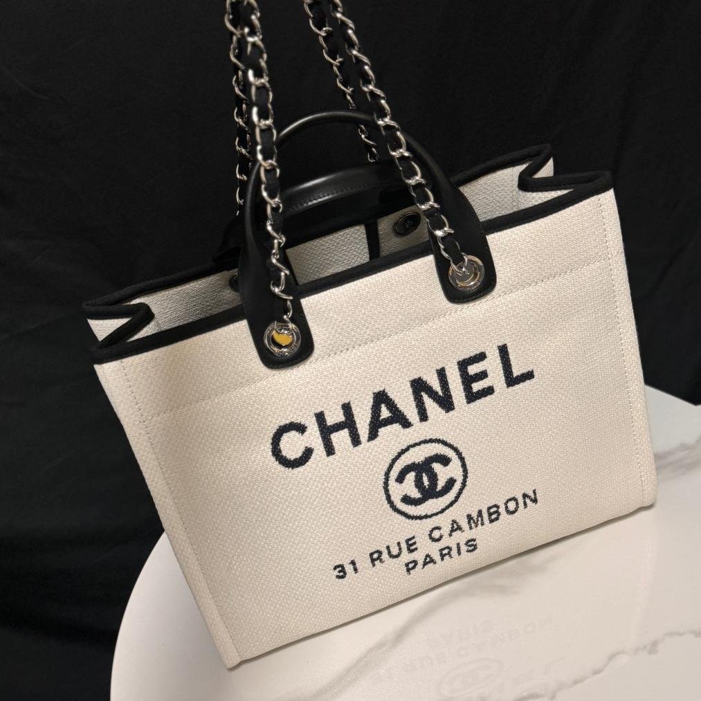 Deauville Tote Collection Ivory White & Black Canvas Combination 38CM - 图片 9