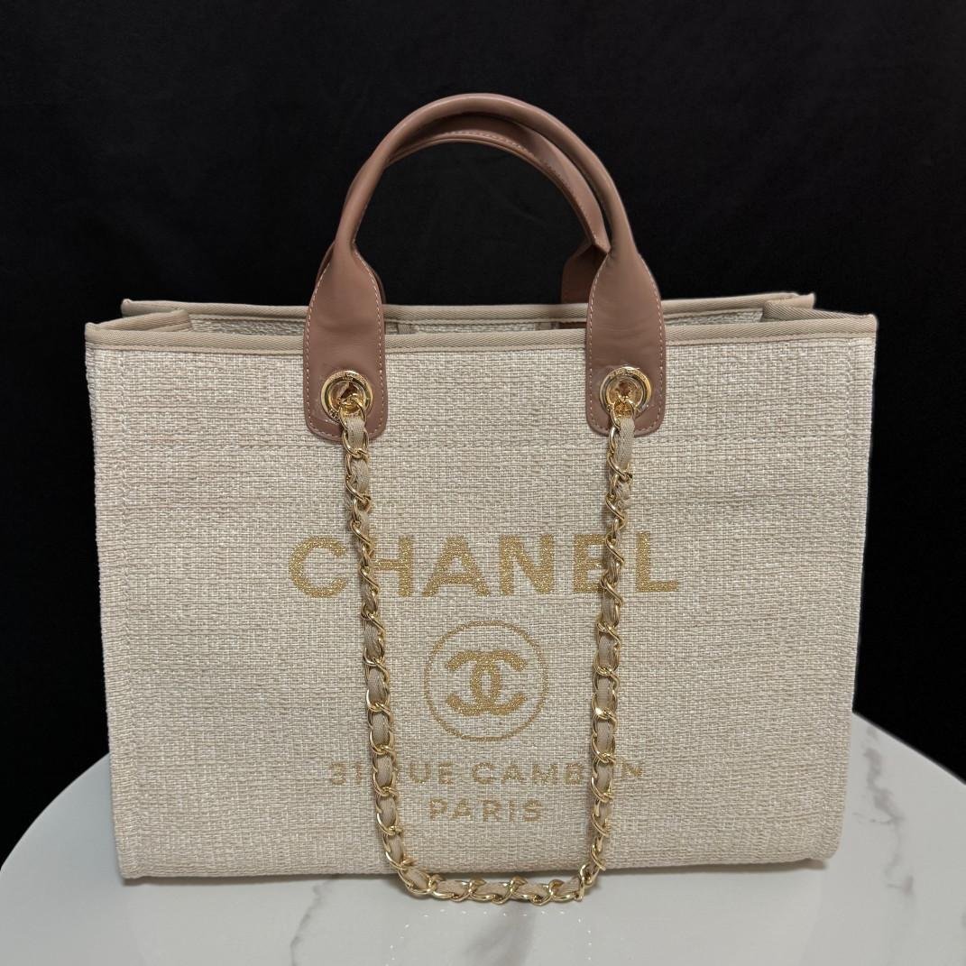 Deauville Tote Collection Cream & Light Brown Canvas Combination 38CM