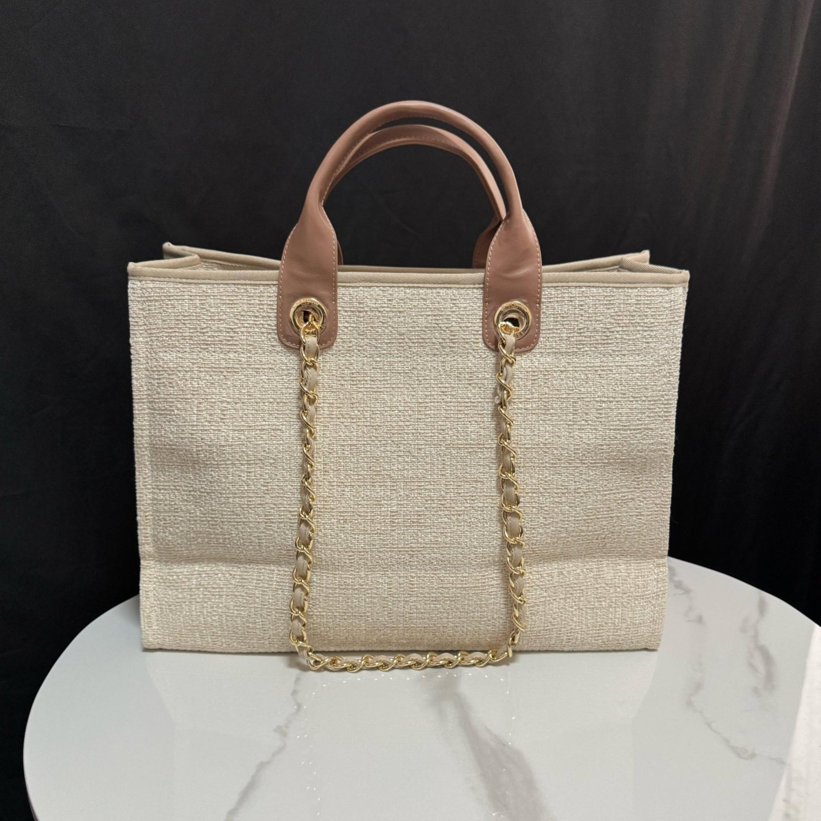 Deauville Tote Collection Cream & Light Brown Canvas Combination 38CM - 图片 2