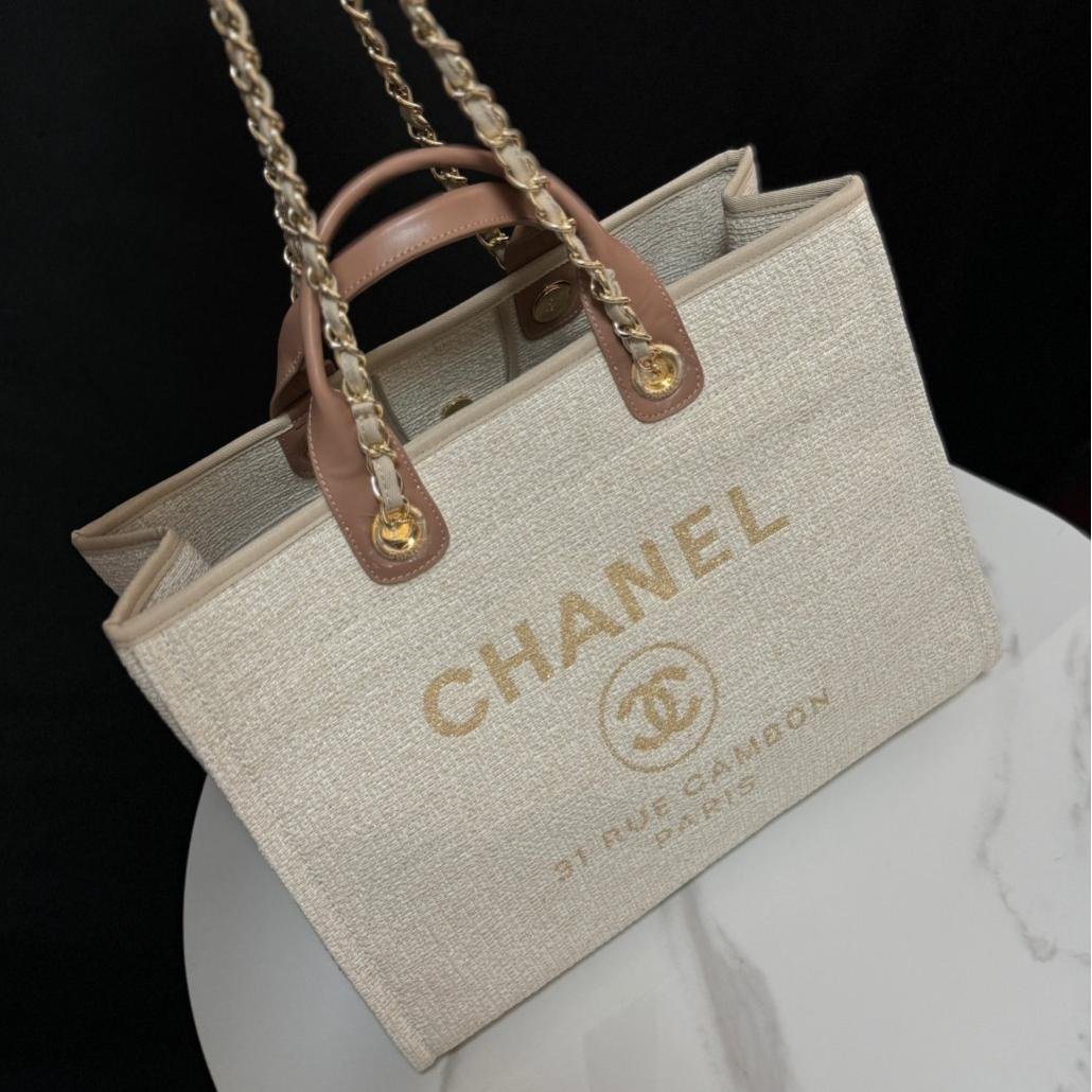 Deauville Tote Collection Cream & Light Brown Canvas Combination 38CM - 图片 9