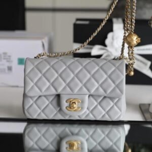 Classic Flap Lambskin Shoulder Bag in Grey with Vintage Gold Ball Detail, 20cm Premium Upgrade