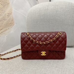 Classic Flap Lambskin Shoulder Bag in Burgundy with Gold Hardware, 25cm Grain-Textured Calfskin Upgrade