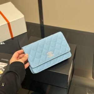 Light Blue Quilted Denim Wallet on Chain – Slim and Elegant Essentials Bag