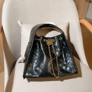 Black Drawstring Leather Hobo Bag – Modern Bucket Silhouette 30CM