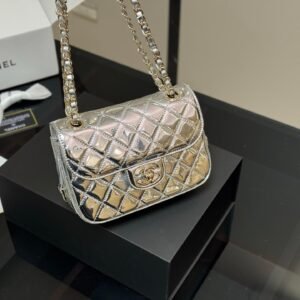 Glossy Silver Patent Quilted Flap Bag with Chain Strap