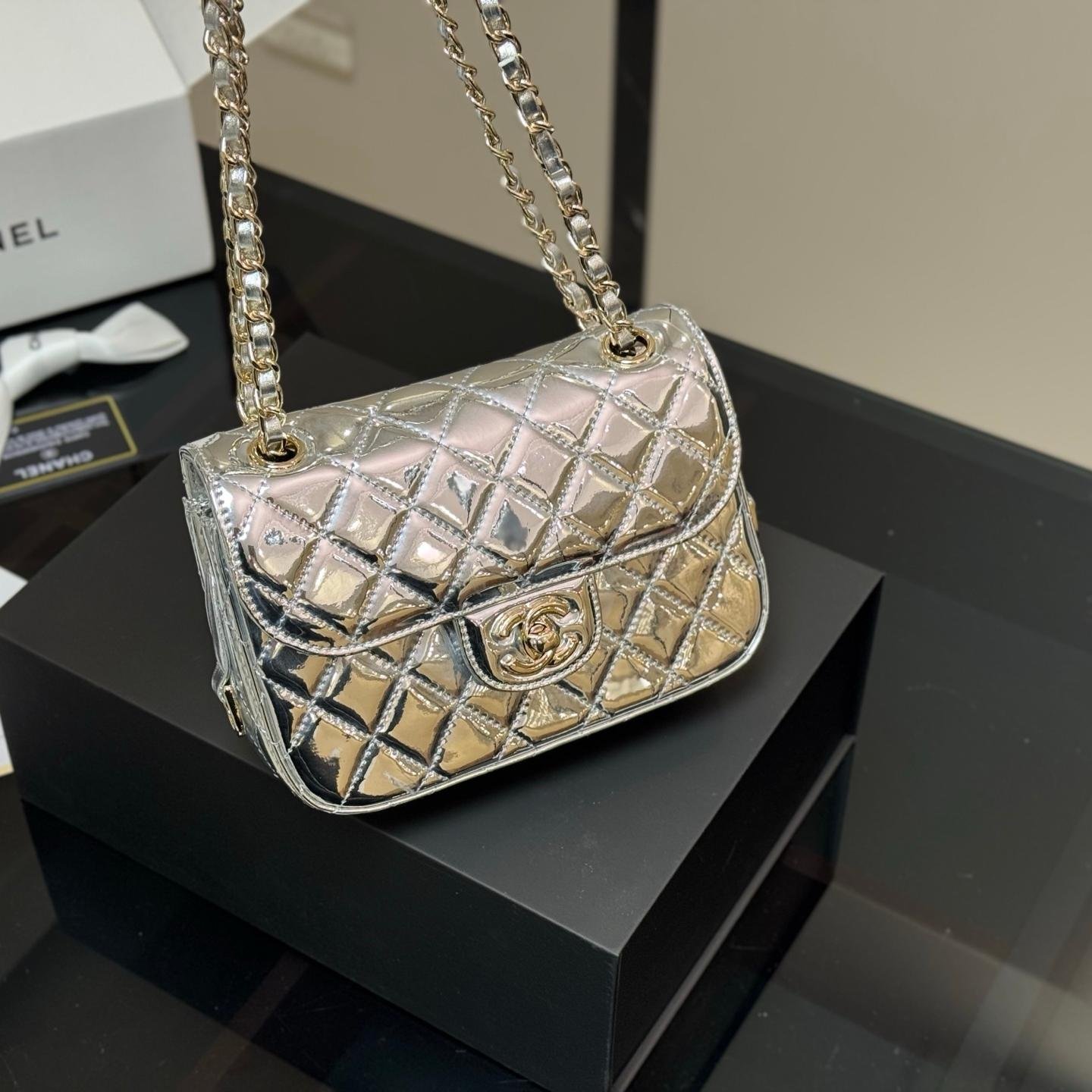 Glossy Silver Patent Quilted Flap Bag with Chain Strap
