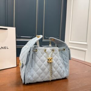 Light Denim Quilted Hobo Bag with Gold Chain Drawstring 27CM