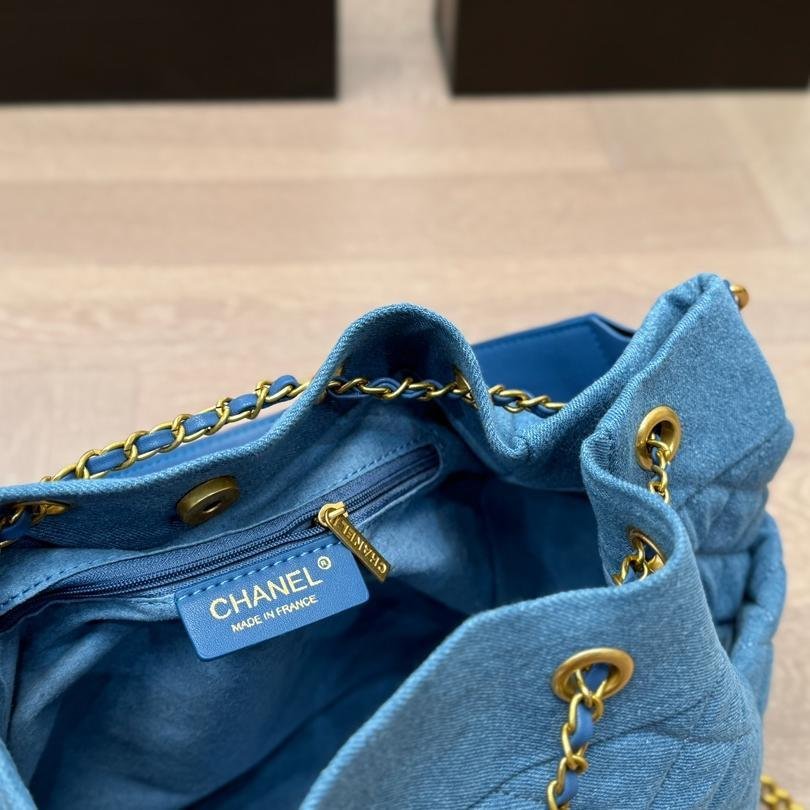 Large Quilted Denim Bucket Bag with Gold Chain Drawstring 24CM - 图片 9