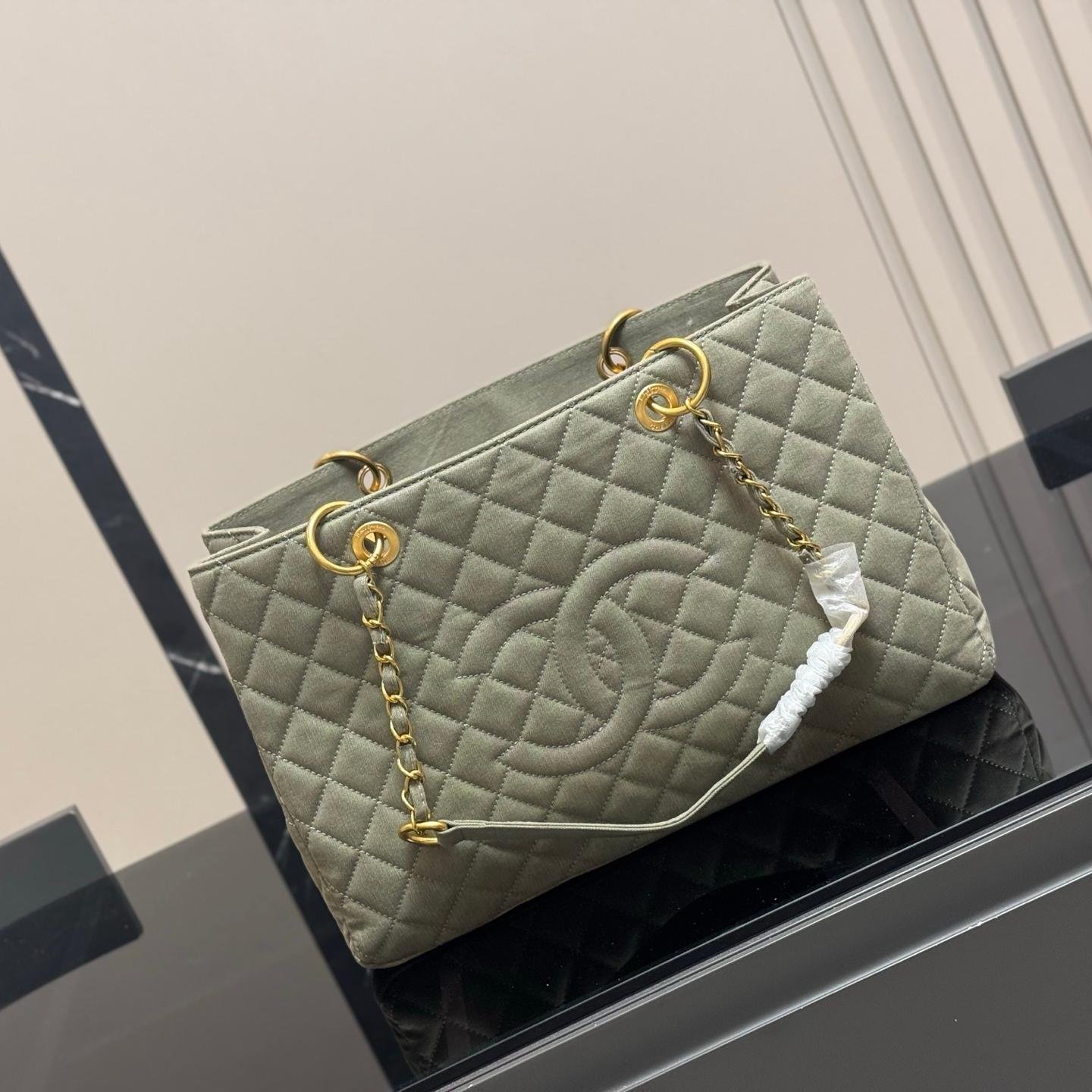 Oversized Denim Quilted Tote Bag with Gold Hardware – 39CM