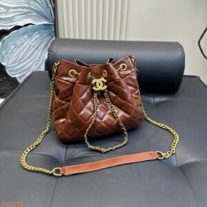 Quilted Waxed Calfskin Drawstring Bucket Bag – Small & Large Sizes 22CM/27CM