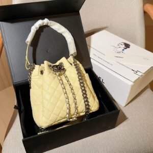 Mini Quilted Leather Bucket Bag – Chain Drawstring Style 19CM