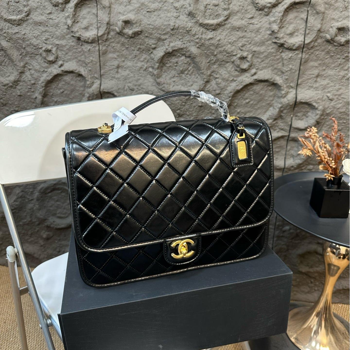 Classic Quilted Leather Backpack – Polished Black 30CM