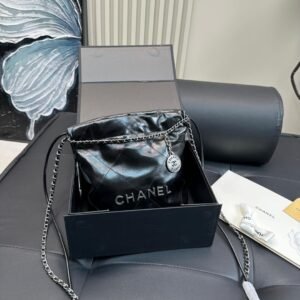 Mini Black Leather Chain Bag – Quilted Drawstring 20cm