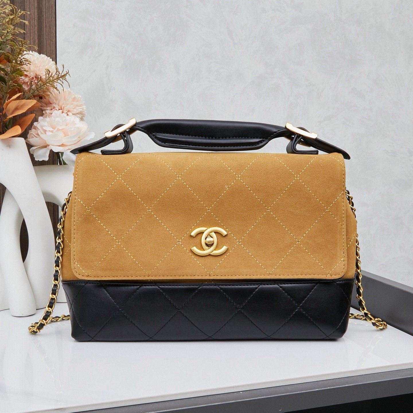 Chanel Coco Base Top Handle Flap Bag- Matte Grey Suede & Quilted Leather