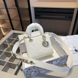 Dior Lady Embossed Leather Bag – Ivory White with Gold Hardware 20cm