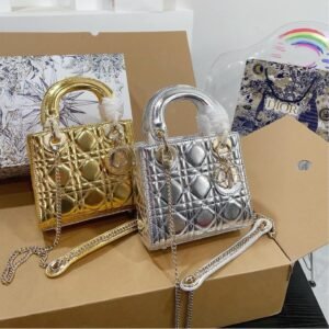Dior Lady Metallic Mini Bag 17CM – Gold & Silver Patent Leather with Chain Strap