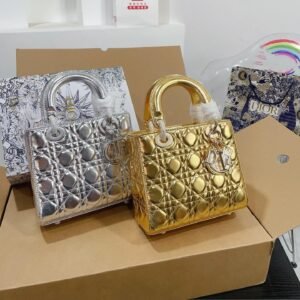 Dior Lady Metallic Leather Bag – 20cm Cannage with Gold & Silver Finish
