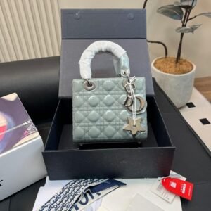 Dior Lady Patent Leather Bag – Glossy Grey with Silver Hardware 20cm