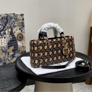 Rectangular Jacquard Lady-Inspired Handbag – Cannage Canvas Top Handle Bag 25CM