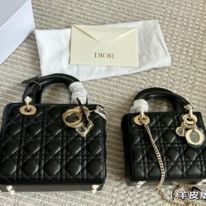 Classic Black Lambskin Lady-Inspired Handbag – Cannage Quilted Top Handle Bag with Strap 17CM/20CM