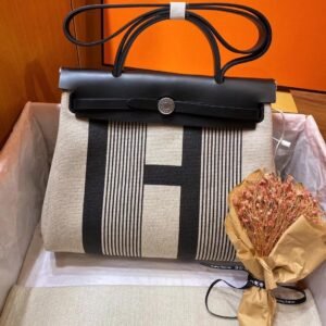 Herbag Silk Print Black Beige/Black Canvas Calfskin 31CM
