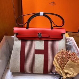 herbag Screen Print Red Beige Red Canvas Calfskin 31CM