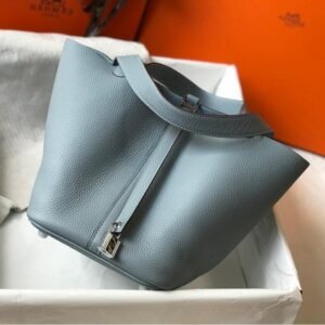 Picotin Lock Linen Blue Leather 18CM/22CM
