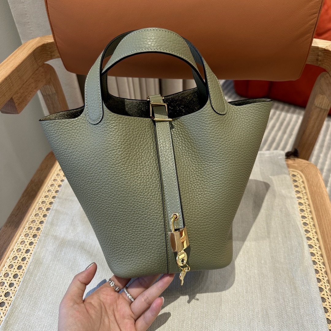 Picotin Lock Sauge Gold Hardware Leather 18CM - 图片 2