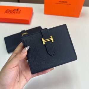 Classic H Buckle Grained Calfskin Wallet in Black with Gold Hardware, 12×9cm Compact Edition