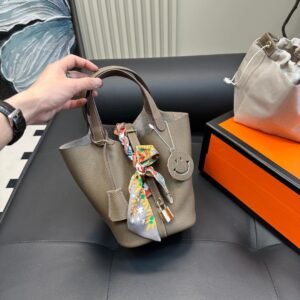 Hermès Picotin Lock 13 Mini Bucket Bag in Etoupe with Gold Hardware & Twilly