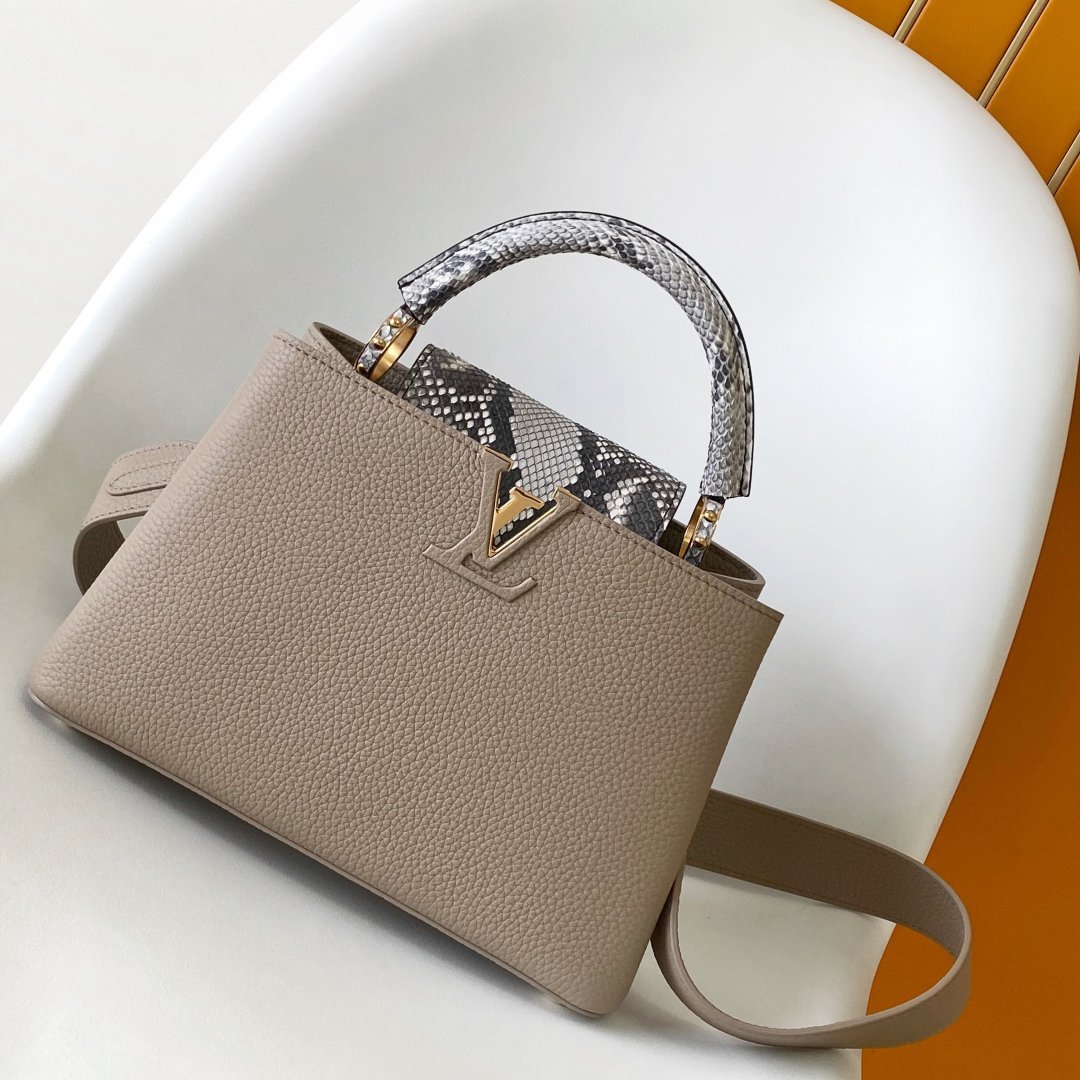 Capucines MINI Light Gray Taurillon Leather with Python Skin 21CM