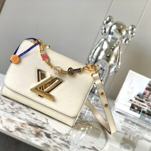Twist Epi Leather Shoulder Bag in Pearl White with Gold Hardware and Charm Detail, 23cm Premium Edition