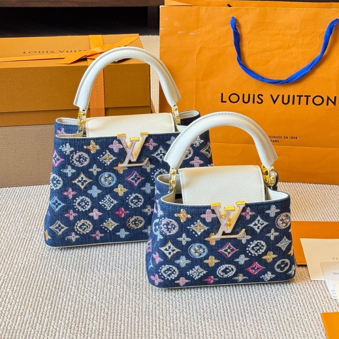 Luxury Denim Capucines Bag with White Leather and Gold LV Detail 20CM/27CM