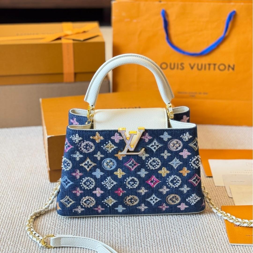 Luxury Denim Capucines Bag with White Leather and Gold LV Detail 20CM/27CM - 图片 2