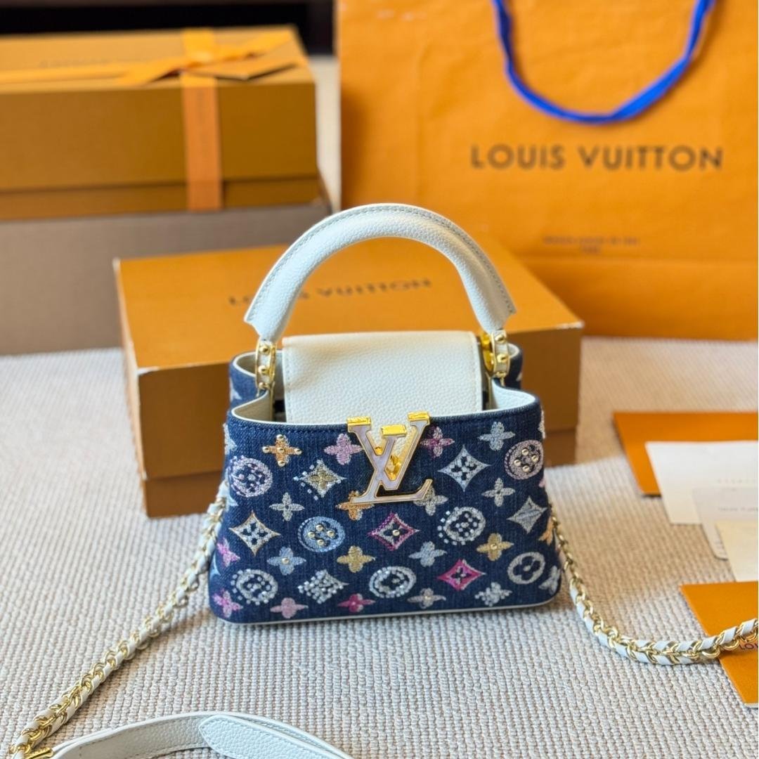 Luxury Denim Capucines Bag with White Leather and Gold LV Detail 20CM/27CM - 图片 3