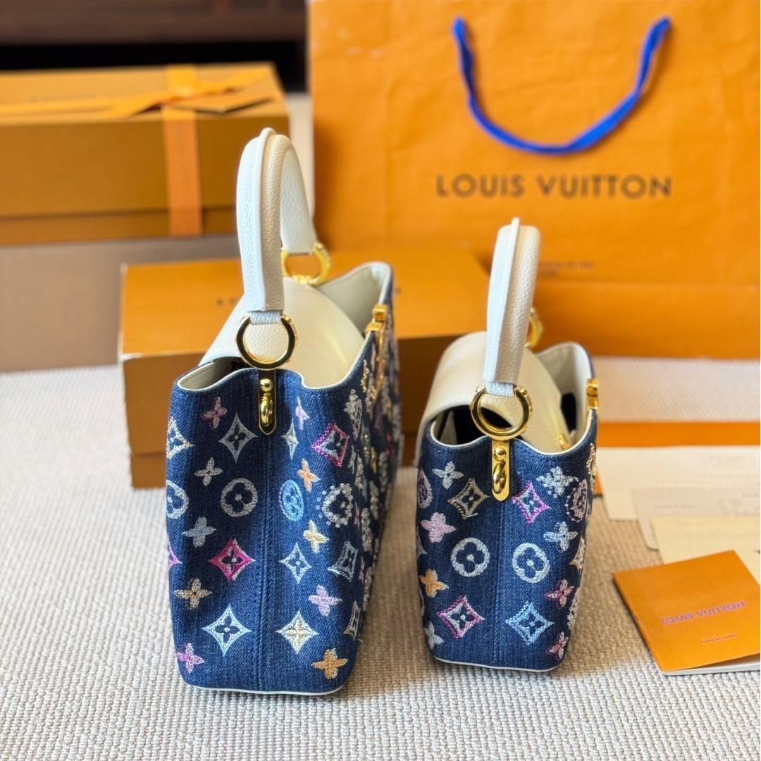Luxury Denim Capucines Bag with White Leather and Gold LV Detail 20CM/27CM - 图片 4
